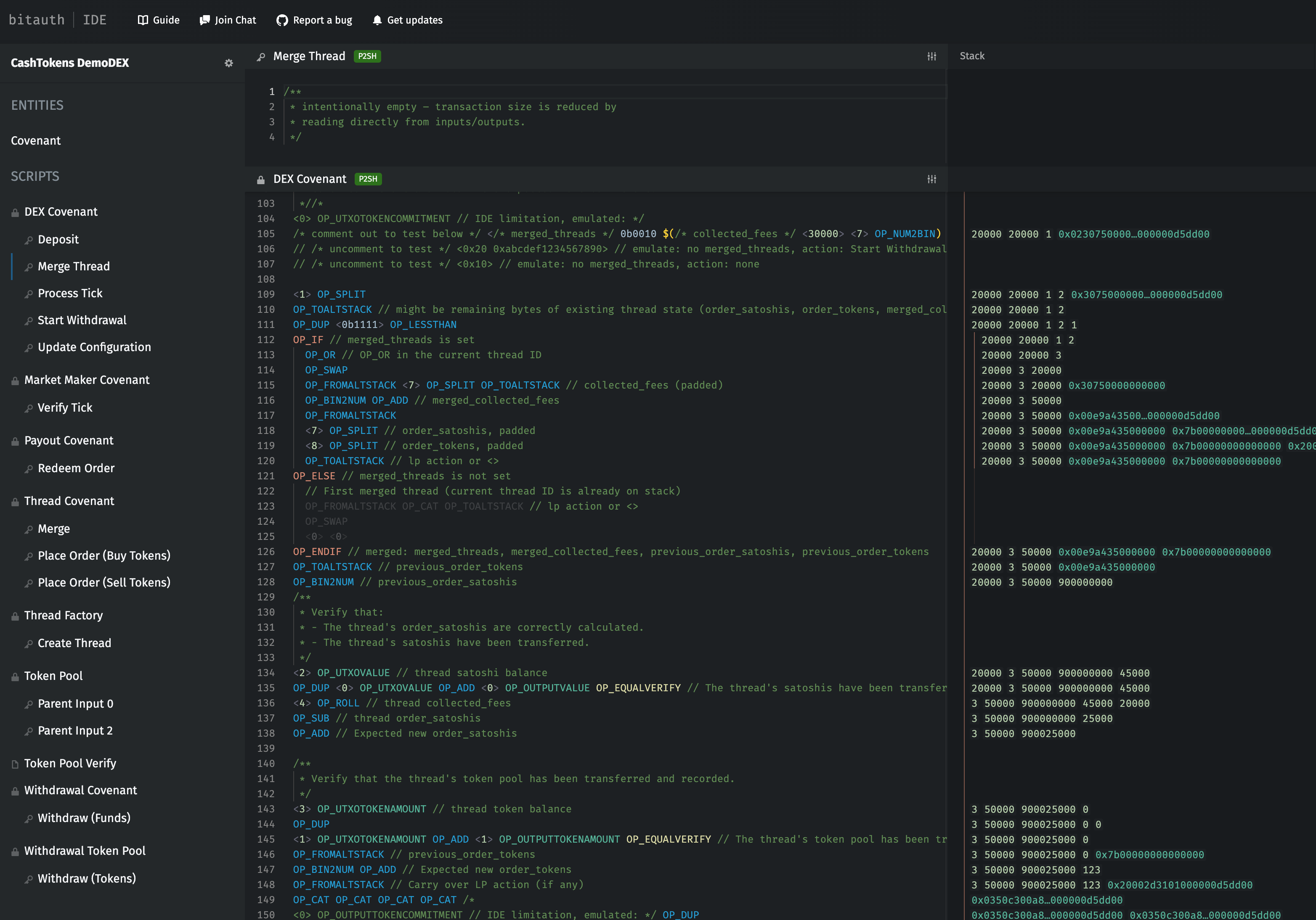 A screenshot of the DEX covenant merging a thread